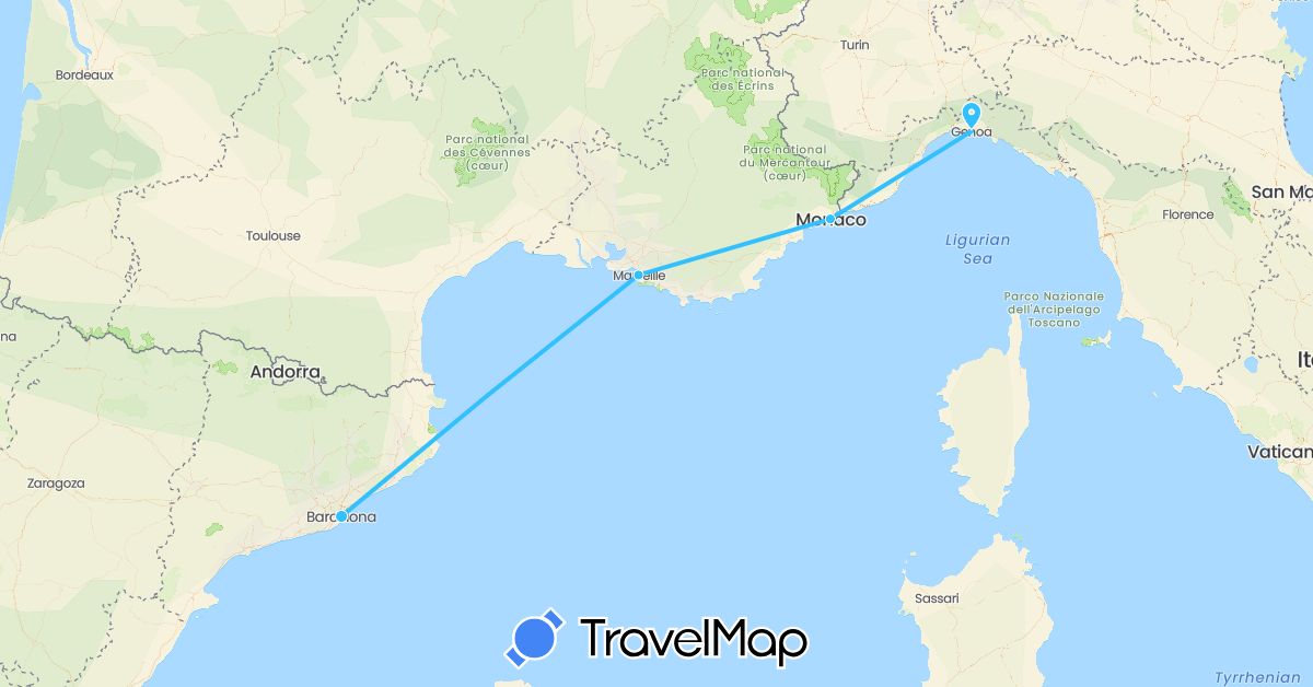 TravelMap itinerary: driving, boat in Spain, France, Italy, Monaco (Europe)